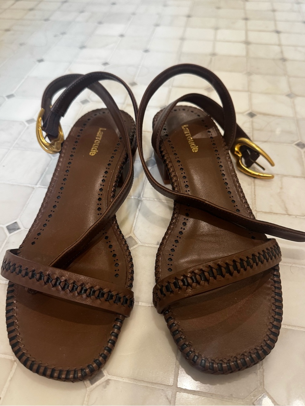 Larroude Brown Leather Woven-Strap Ankle-Sling Sandals